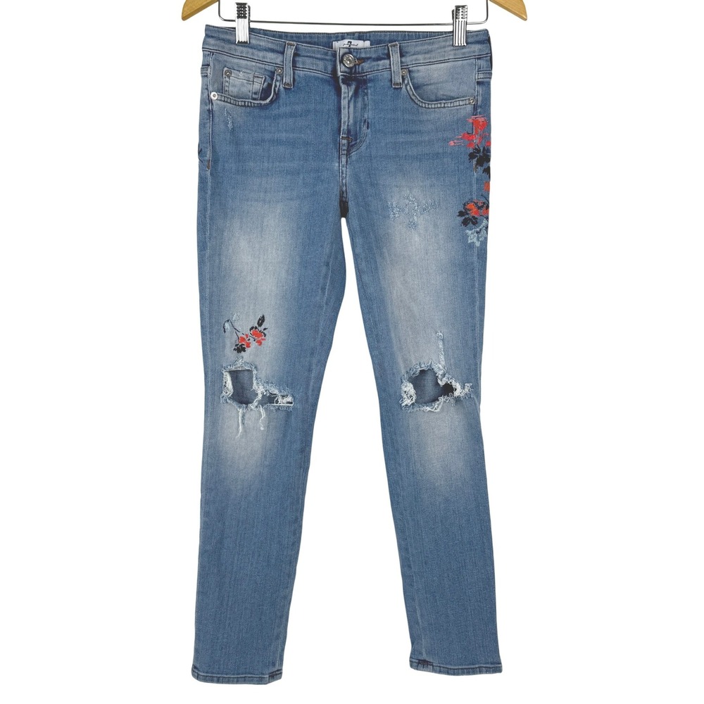 7 For All Mankind Pyper Crop Firework Indigo Embroidered Ripped Jeans Womens 26